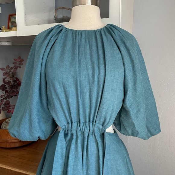 Linen Line Natural Clothing Puff Sleeve Cut-out Maxi Dress Cottagecore US 6 - Picture 10 of 10